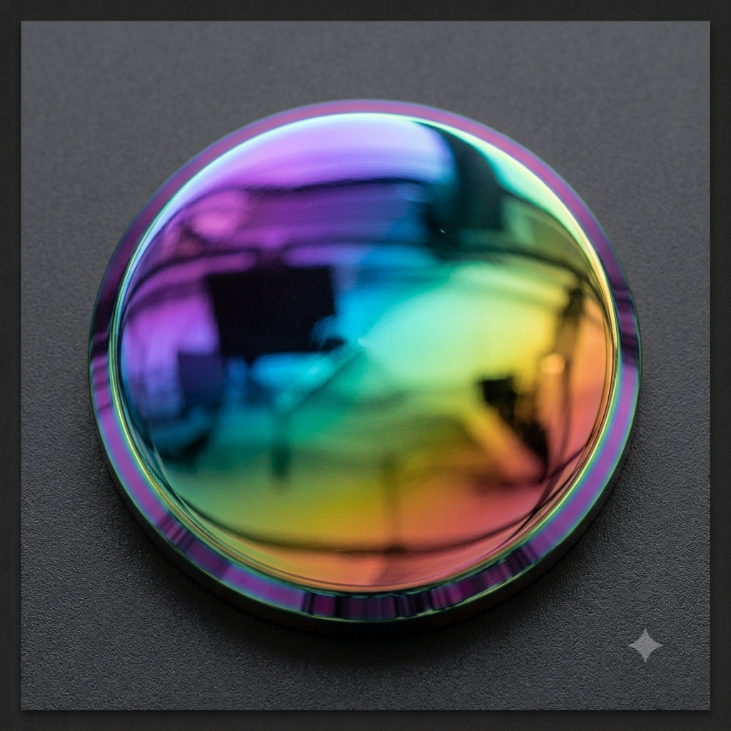 Rainbow PVD coating sample disc showing iridescent colour shift